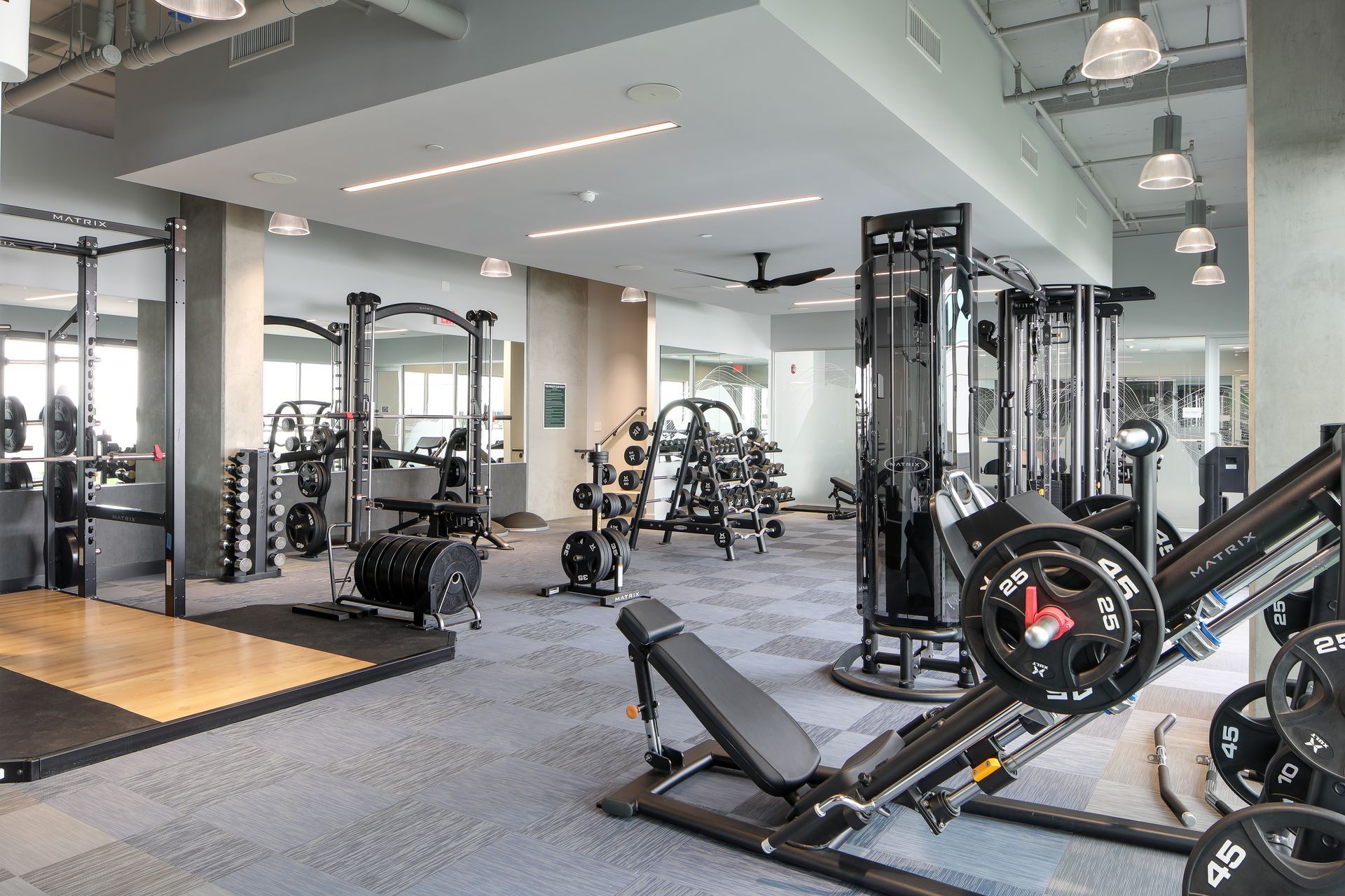 Modern gym with weight machines, benches, and a leg press in a bright, spacious room