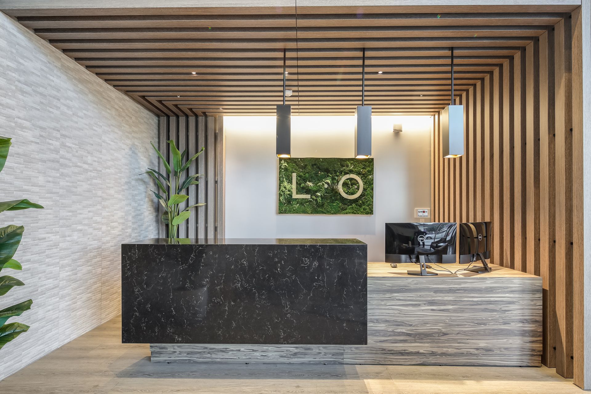 Modern hotel reception with wood slat wall, black stone desk, and green plant display