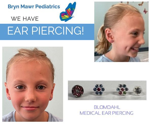 Bryn Mawr Pediatrics ad for ear piercing, with smiling child photos and medical piercing earrings on display