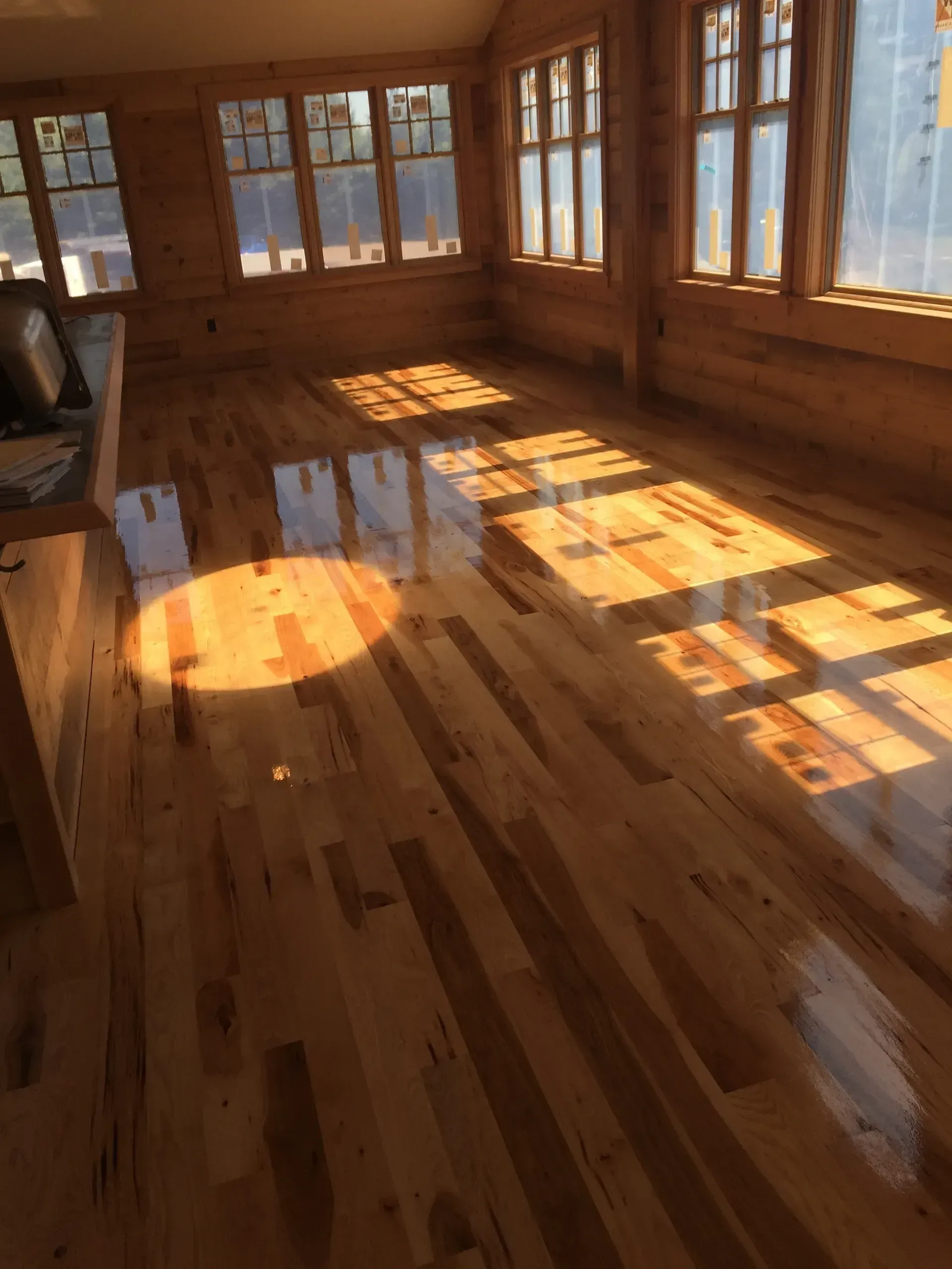 Sunlit empty room with polished wooden floor and large windows casting shadows