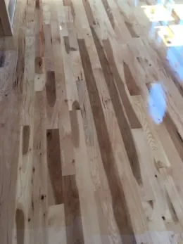 Glossy light hardwood floor with varied wood grain and sun reflections