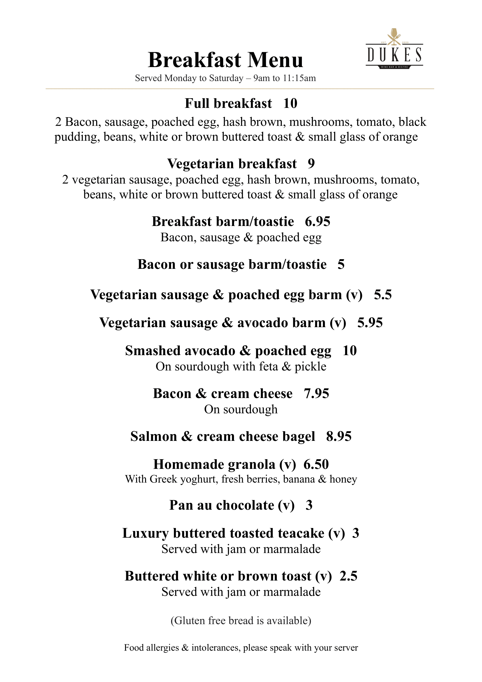 Menu Dukes Wine Bar & Bistro in Ainsdale