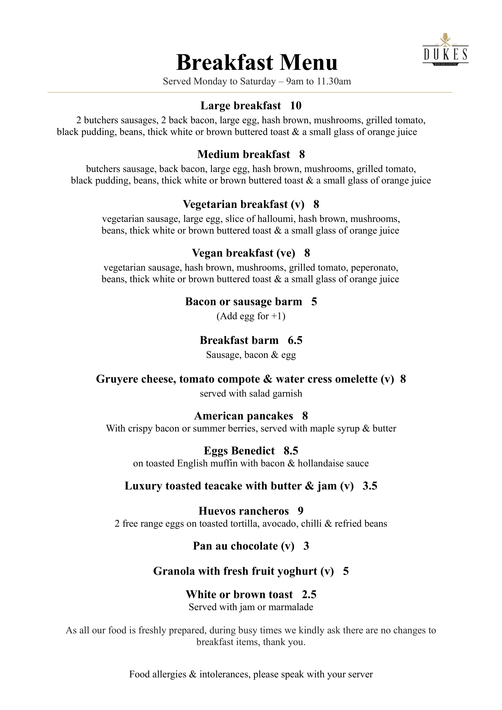 Menu Dukes Wine Bar & Bistro in Ainsdale