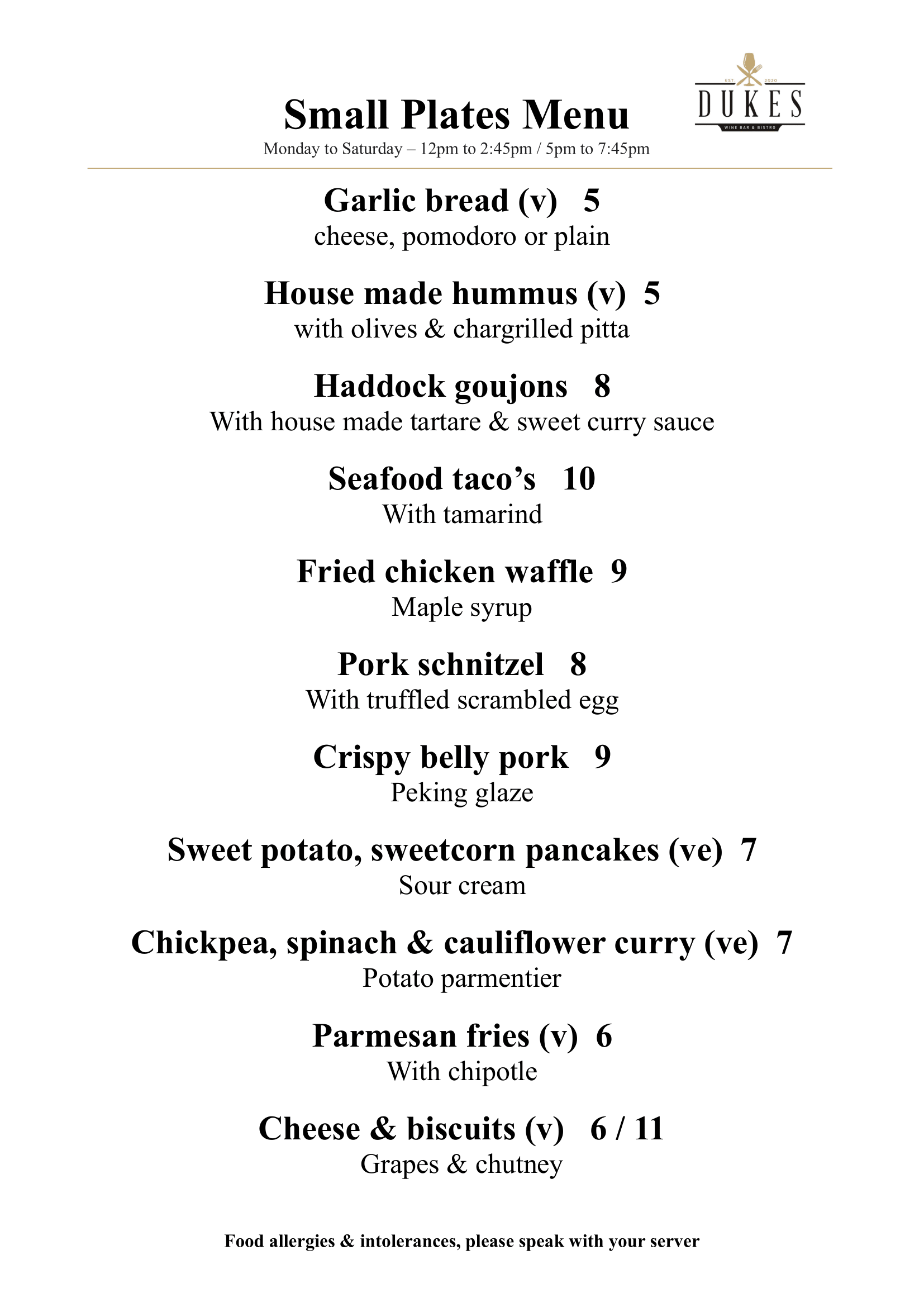 Menu Dukes Wine Bar & Bistro in Ainsdale