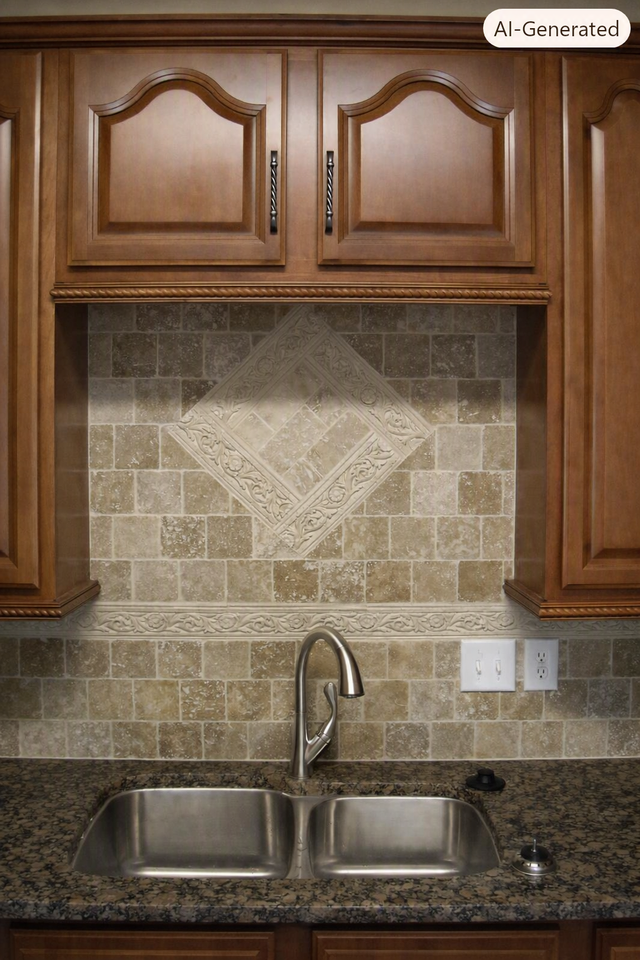 Kitchen sink under wooden cabinets with granite countertop and tiled backsplash.