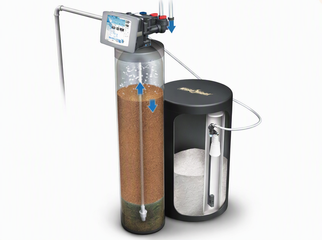 Water softener system with two cylindrical tanks, black control head, and clear connecting tubing