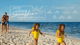 Beachwear ad with woman in yellow swimsuit on a sunny beach, plus logo and product text.