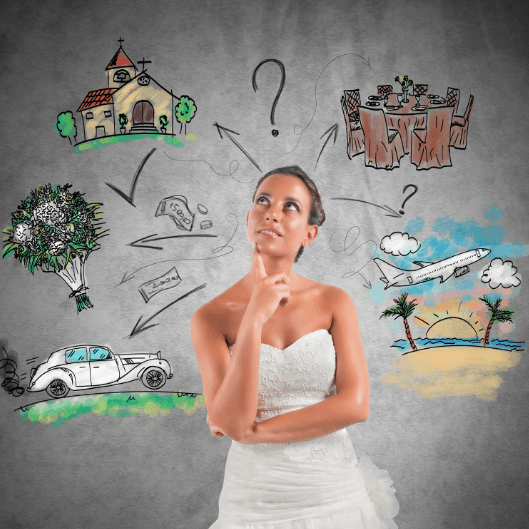 Woman in white dress pondering sustainability choices, with sketches of house, car, tree, water, and city around her