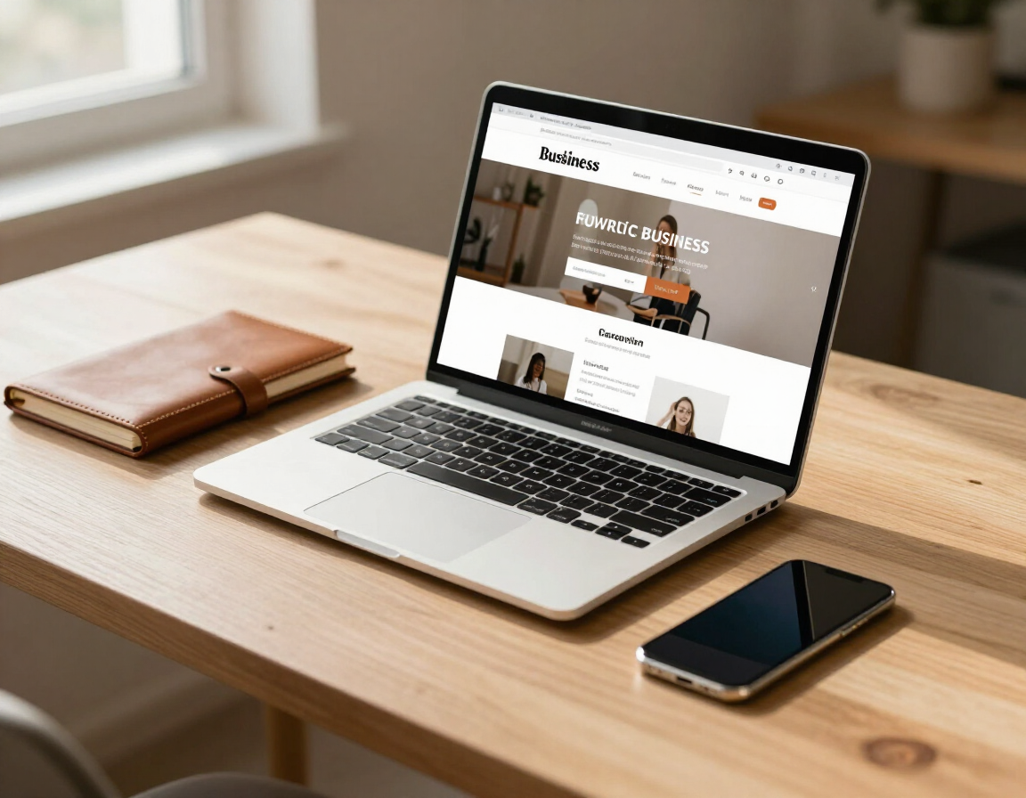 Workspace with laptop showing a small business website