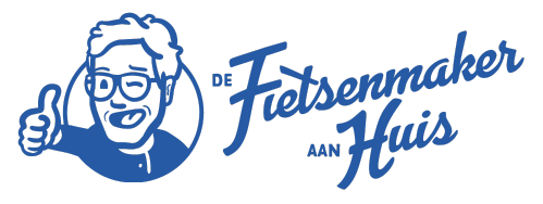 Een blauw logo voor de fietsermaker aan huis met een man die een duim omhoog steekt