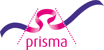 Prisma-logo met magenta tekst en een gestippelde A-vormige curve boven een paarse swoosh