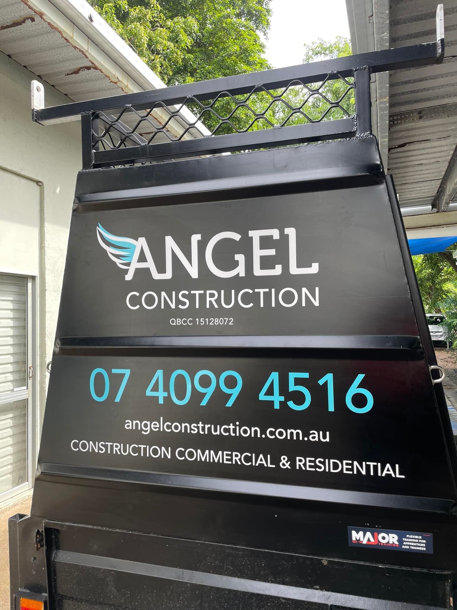 Construction Sign for Angel Construction With Phone Number and Website — On The Spot Signs Port Douglas In Port Douglas, QLD