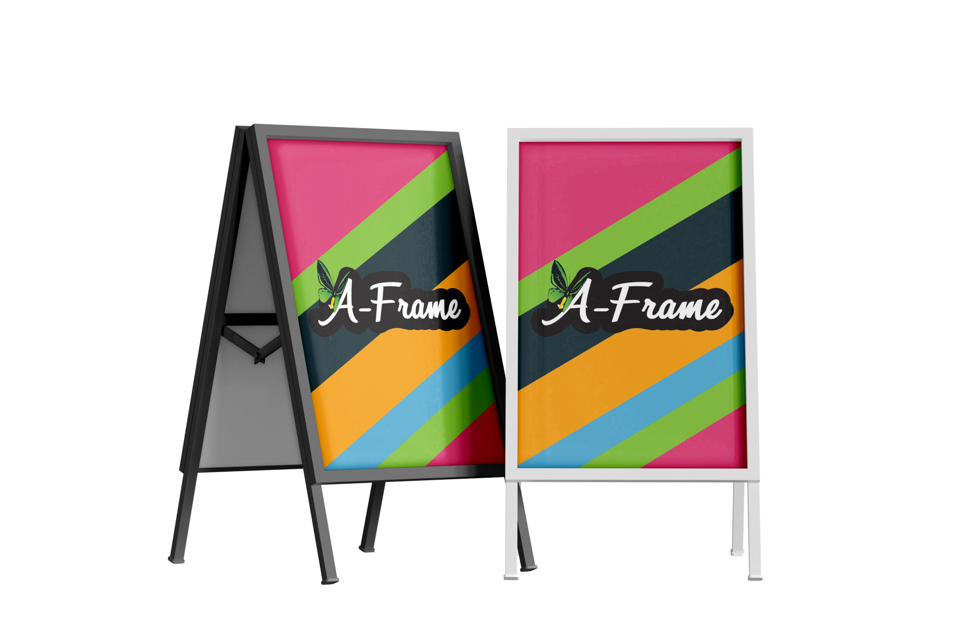 Two A-frame sidewalk signs in black and white, featuring colorful, striped advertisements with the text