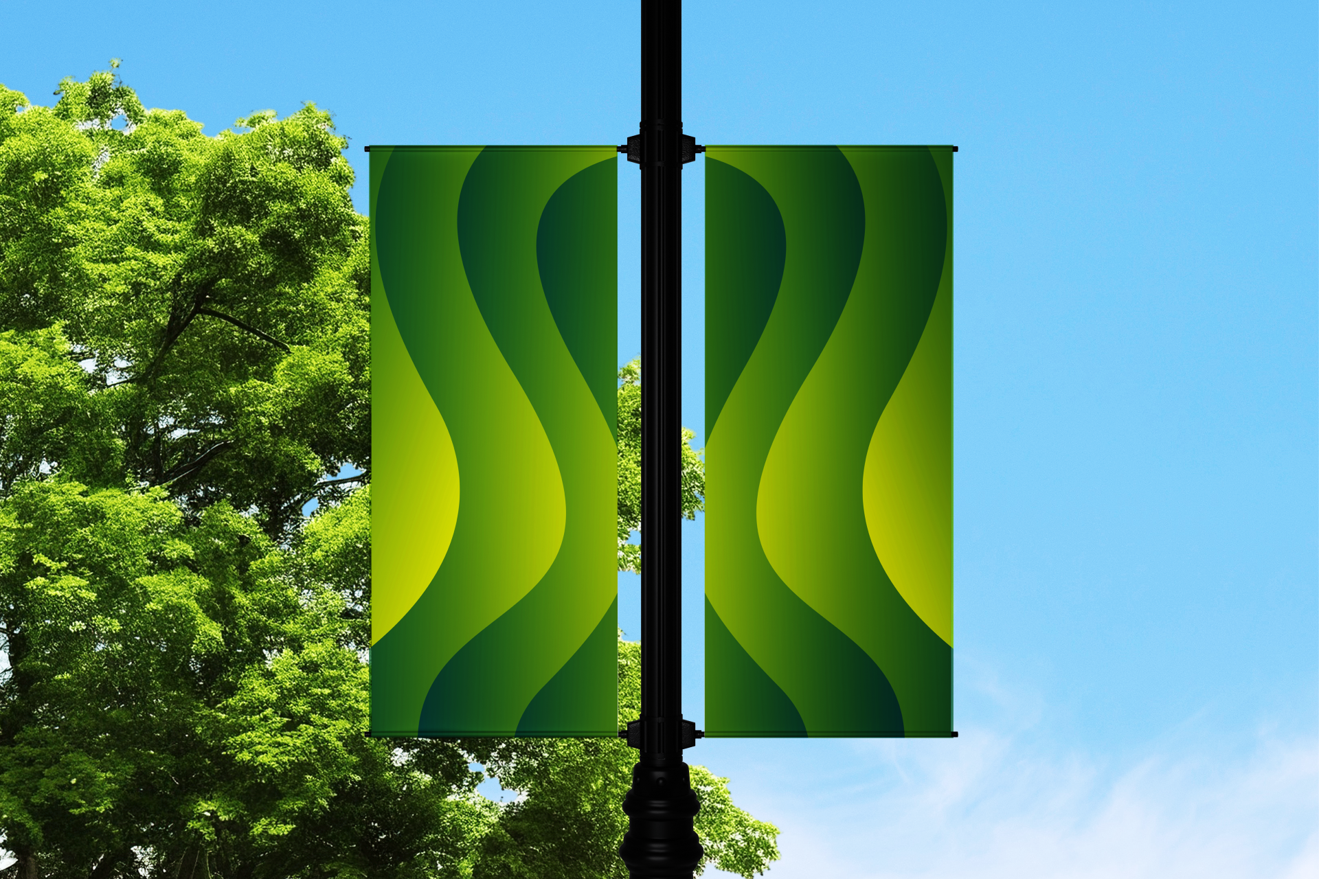 Two Green Banners with Vertical Wave Patterns Mounted on A Black Pole — On The Spot Signs Port Douglas In Port Douglas, QLD