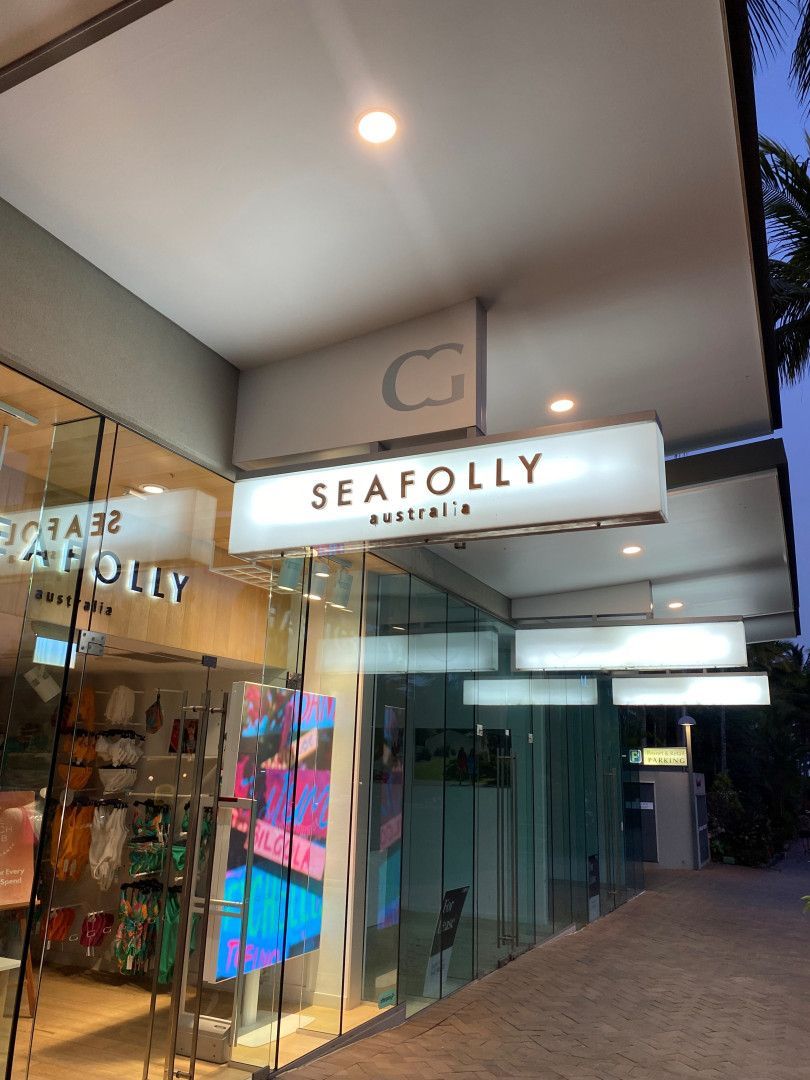 Seafolly Retail Store Exterior with Illuminated Signs, Glass Storefront — On The Spot Signs Port Douglas In Port Douglas, QLD