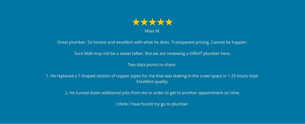 A customer review with 5 gold stars on a blue background.