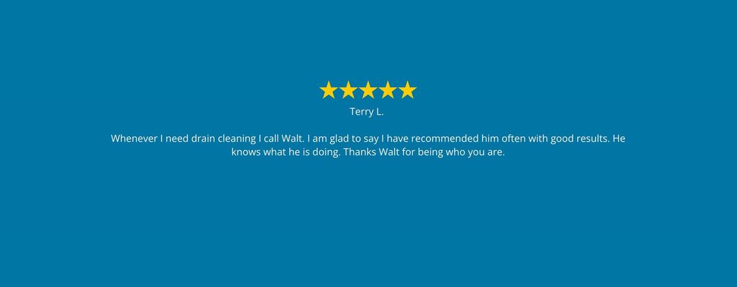 Five gold stars above a review, stating “Great”. Blue background.