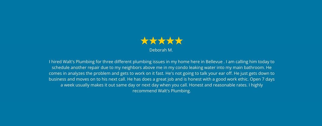 Five gold stars above a review on a blue background.