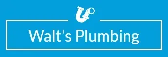 Logo for Walt's Plumbing. A white pipe graphic above light blue text in a rectangular box on a blue background.