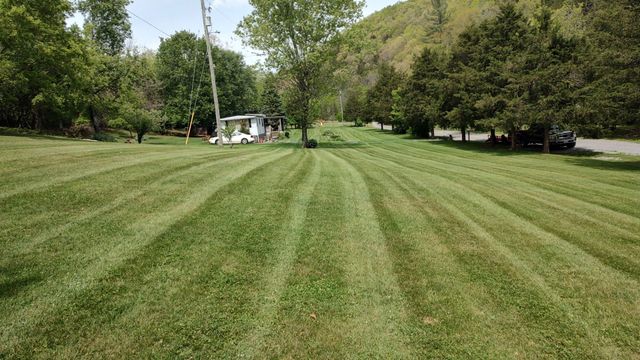 Wide mowed green lawn in a park with trees and a small pavilion in the distance