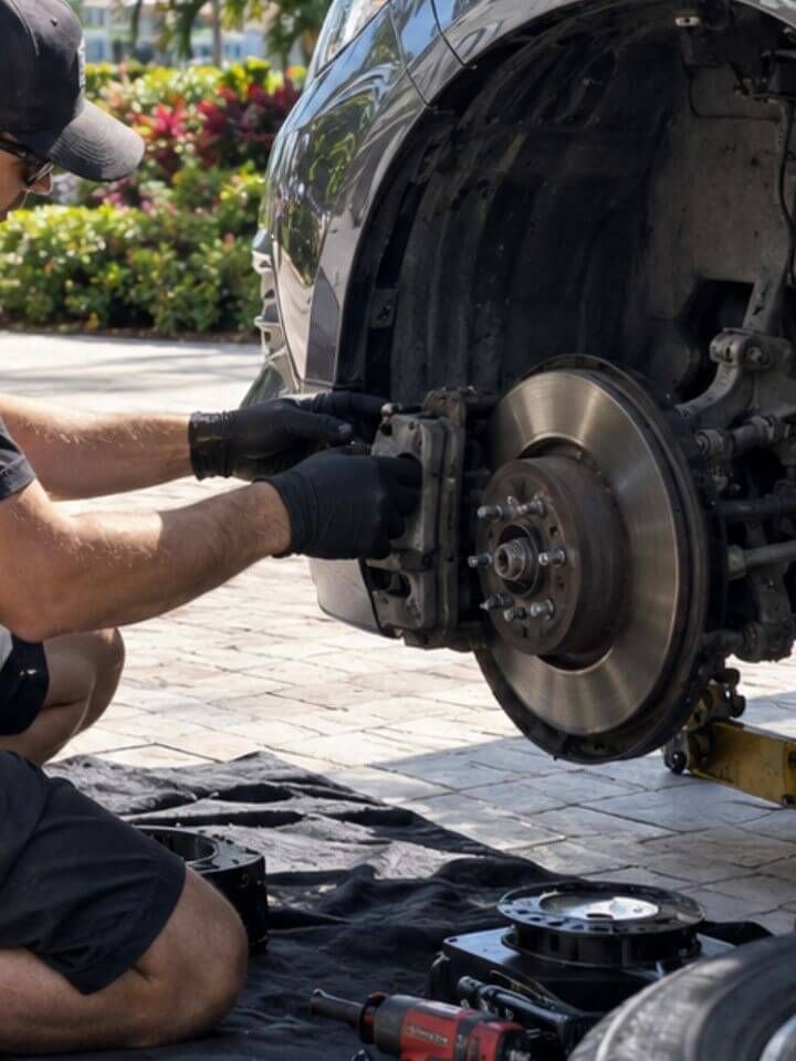 Mechanic working on brakes in driveway.