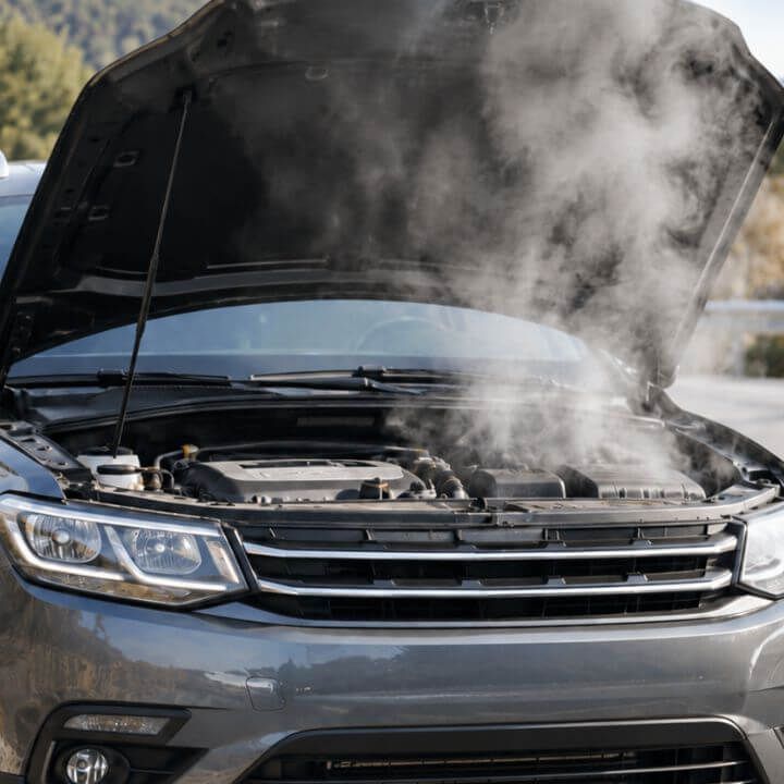 Overheating SUV with steam rising from the engine bay.