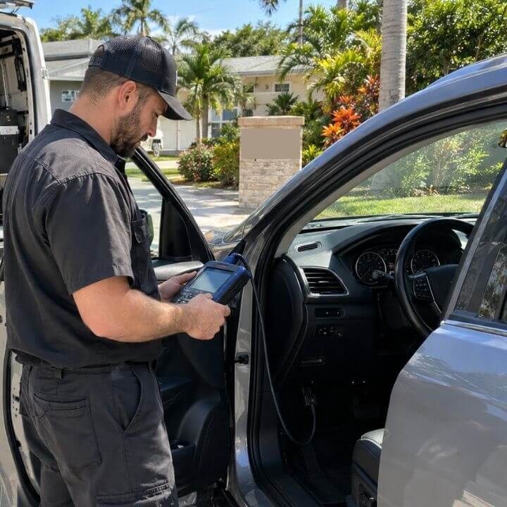 Mobile technician conducting a mobile diagnostic in Naples Manor.