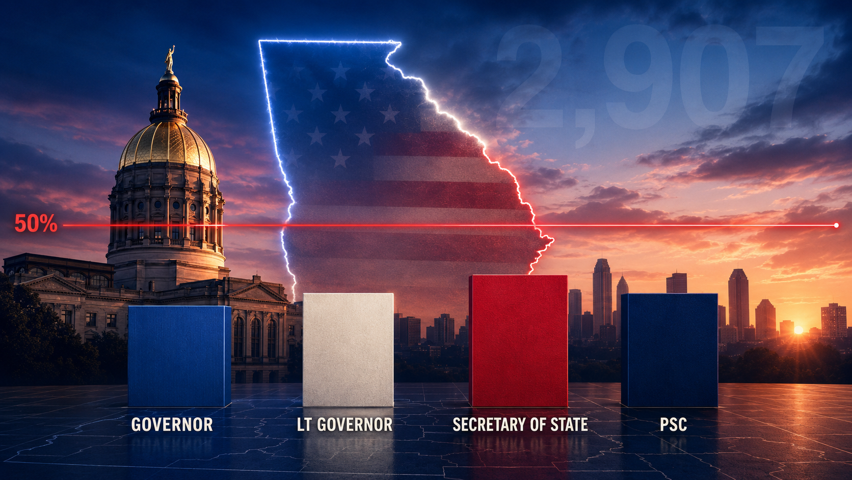 Editorial illustration of Georgia 2026 Republican primary polling analysis featuring the Georgia State Capitol dome at sunrise, a glowing outline of Georgia in red, white, and blue, and four bar-chart skyscrapers labeled Governor, Lt Governor, Secretary of State, and PSC, each below a bright red 50% runoff threshold line, symbolizing multiple statewide races likely headed to runoffs.