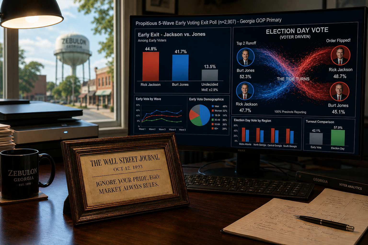 A computer monitor on a desk displaying a Propitious data dashboard with Georgia GOP primary early voting exit poll results, sitting next to a framed Wall Street Journal clipping about market rules