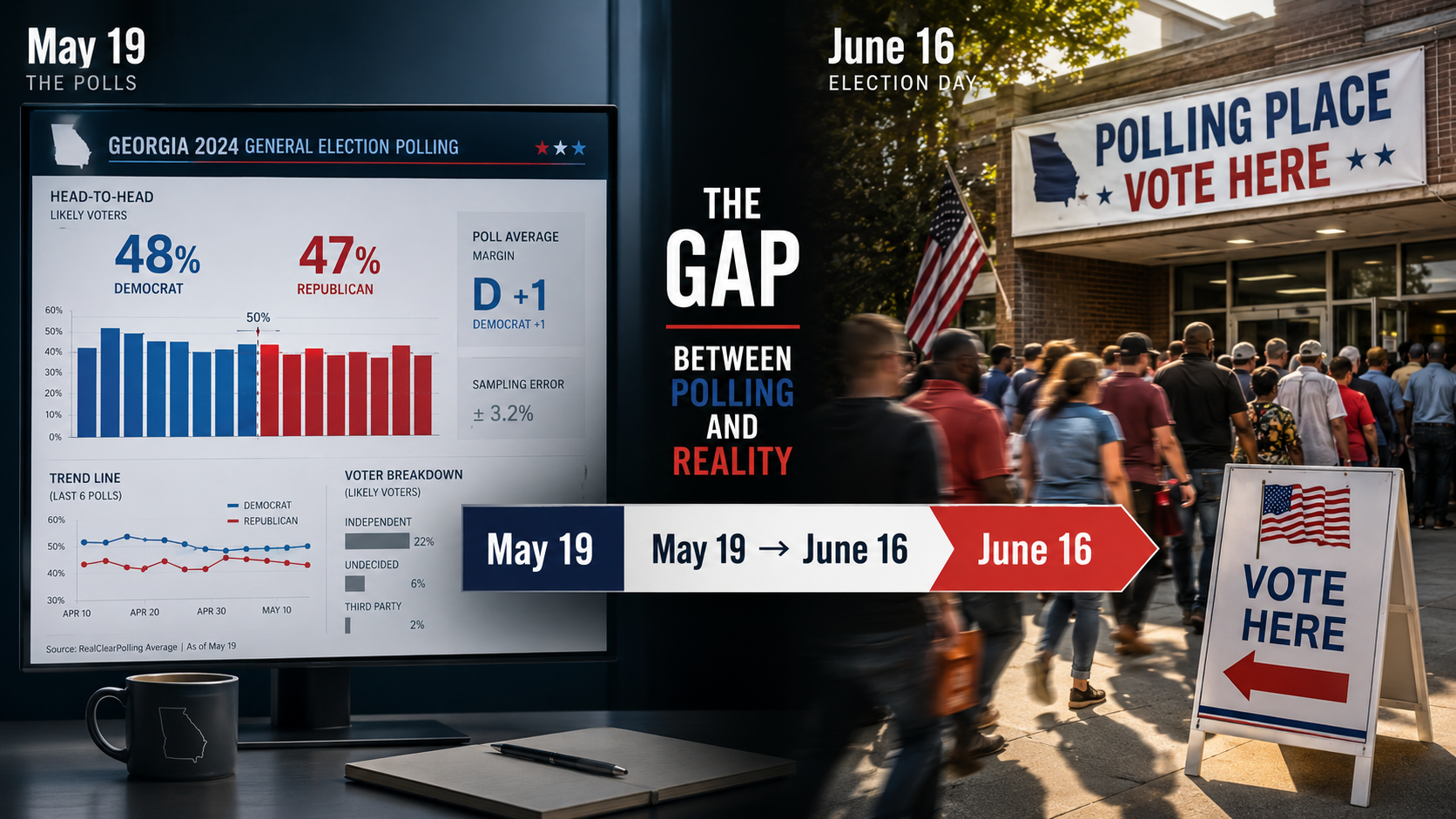 Polling shows one picture, but election-day turnout tells the real story. Georgia voters move from May 19 signals to June 16 momentum.