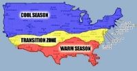 Map of the United States divided into three climate zones: Cool Season (blue), Transition Zone (yellow), and Warm Season (red).
