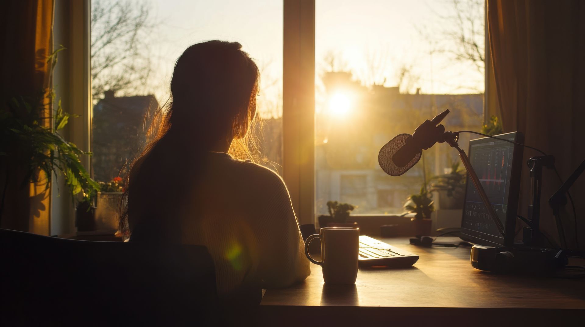 A mature woman looks out of her bedroom window as the late sun streams in A mature woman looks out of her bedroom window as the late sun streams in
