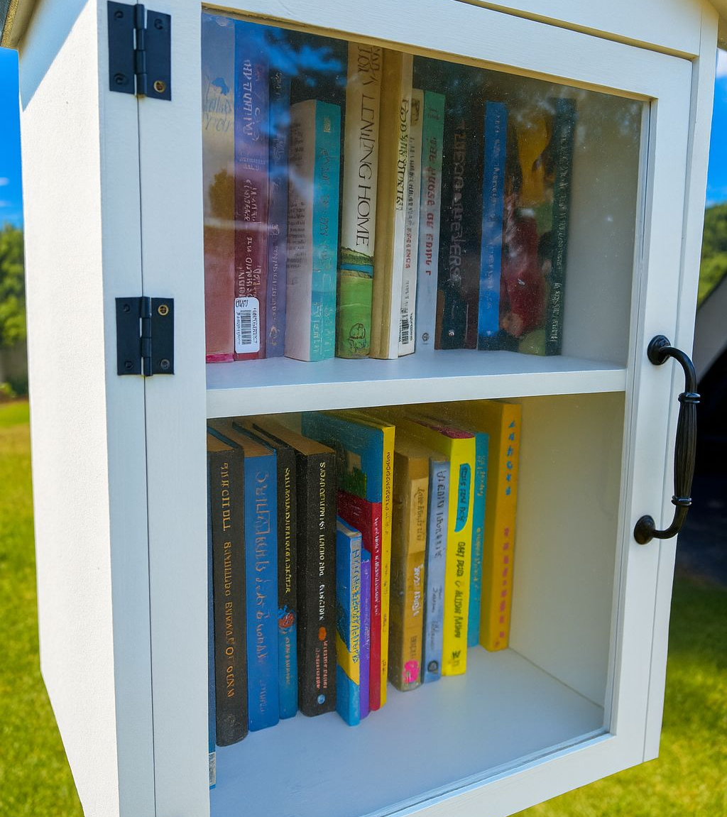 White, glass-fronted free library filled with books; outdoors, sunny setting.