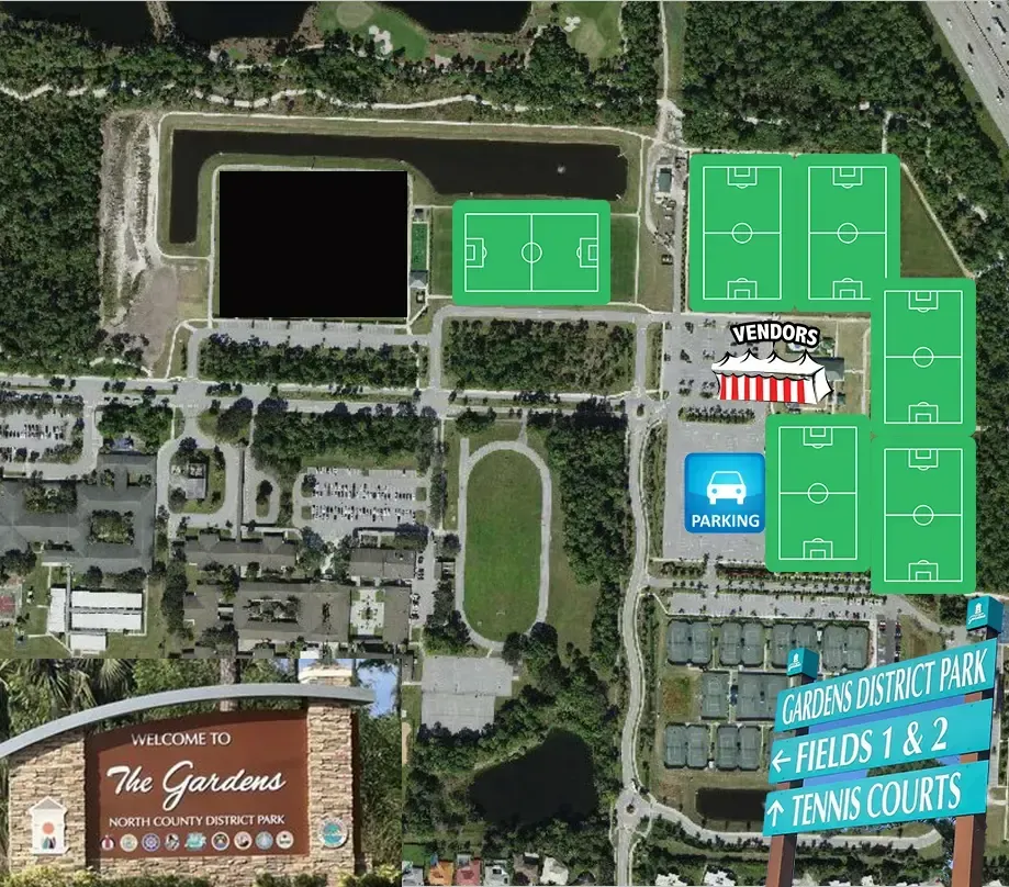 Field map of the Surf Sports Park, displaying 20 soccer fields, including a top-left area with fields labeled A, B, C, and D.
