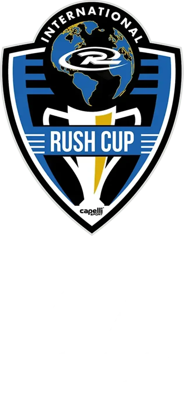 Rush Cup International logo: Blue and black shield with globe and trophy,