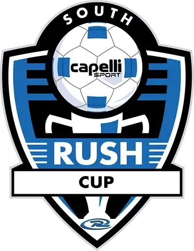 Rush Cup International logo: Blue and black shield with globe and trophy,
