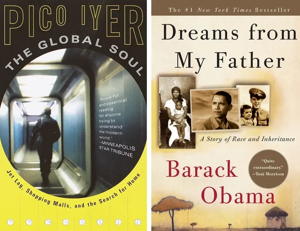 Two book covers side by side: PICO IYER: The Global Soul and Dreams from My Father by Barack Obama