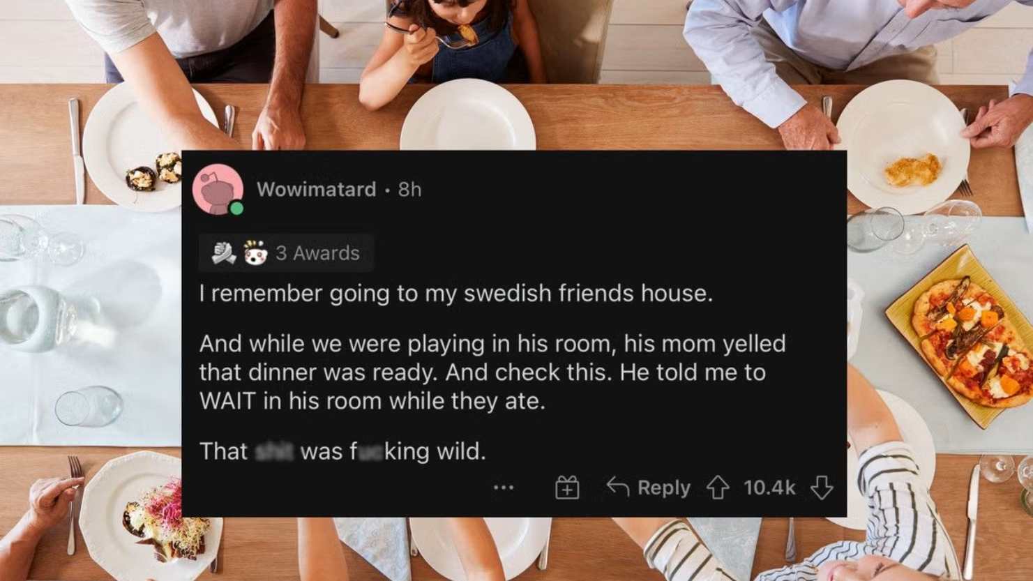 Hands around a wooden table with plates and a social media post overlay about missing friends.