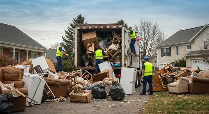 Workers loading cardboard and trash into a dumpster on a suburban street, with boxes piled around them