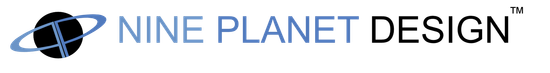 Logo for Nine Planet Design with a blue ringed planet icon to the left of the company name in black and blue text.
