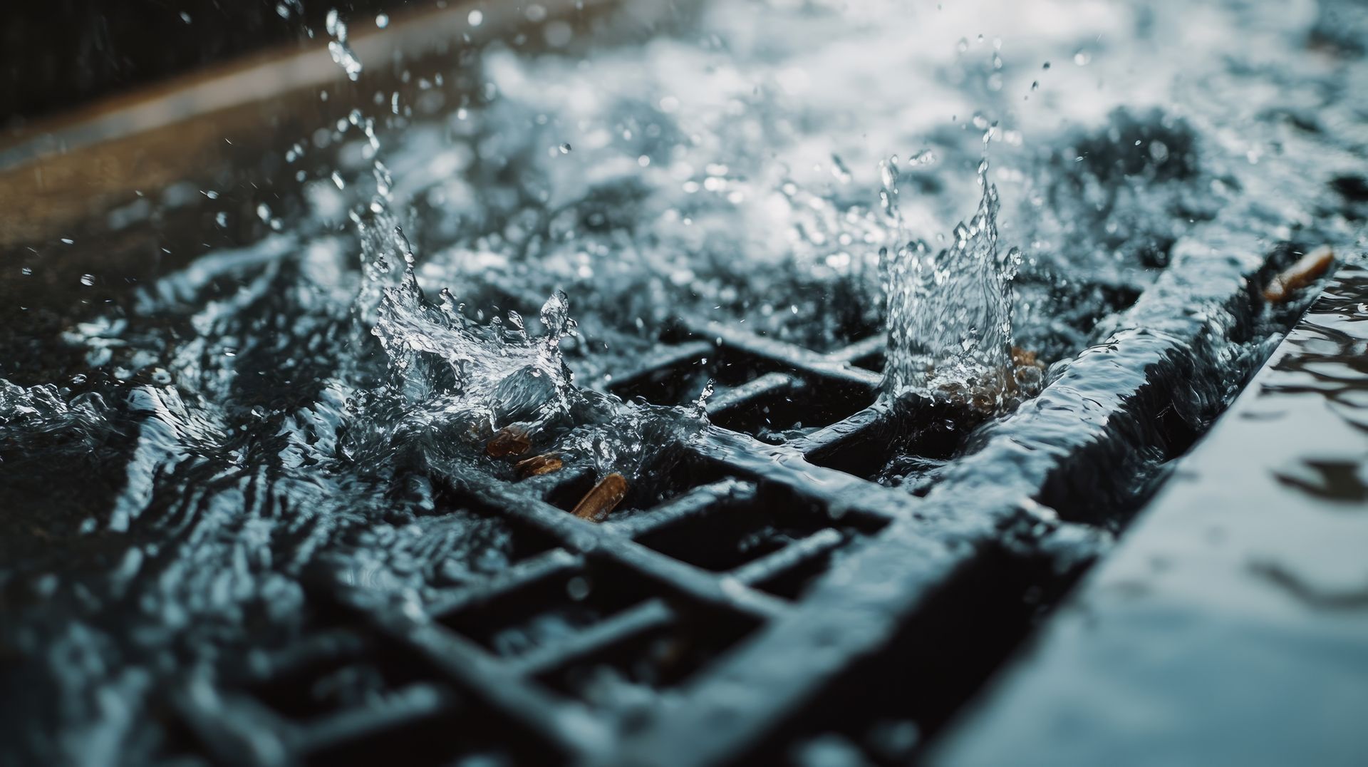 A close up of a drain with water splashing out of it.