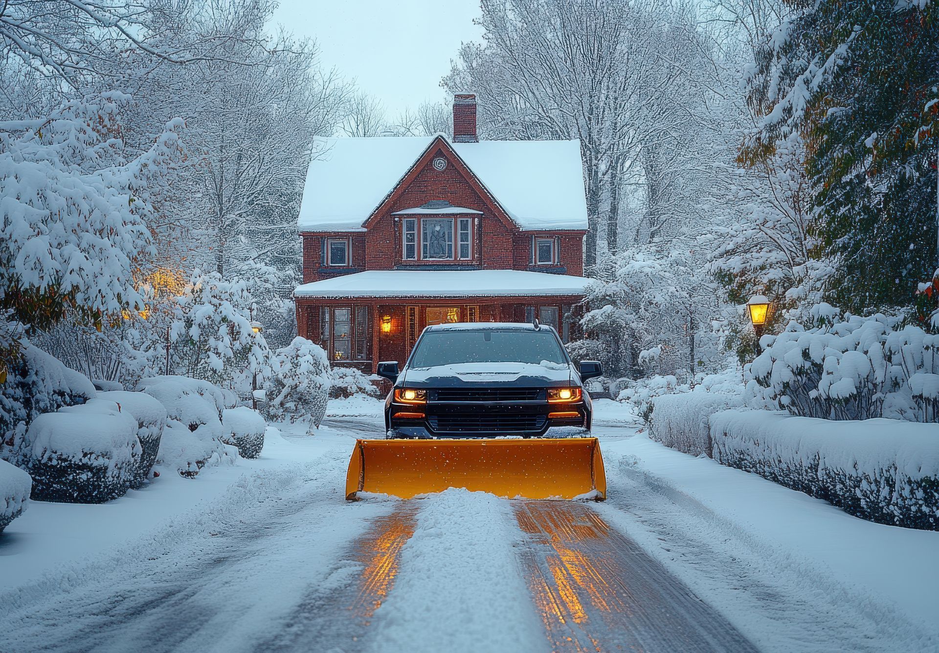 A car is driving down a snowy road in front of a house.
