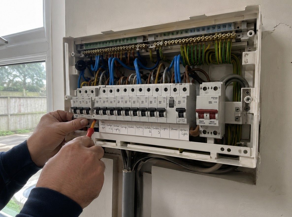 NAPIT-registered electrician carrying out a consumer unit upgrade at a Long Eaton property
