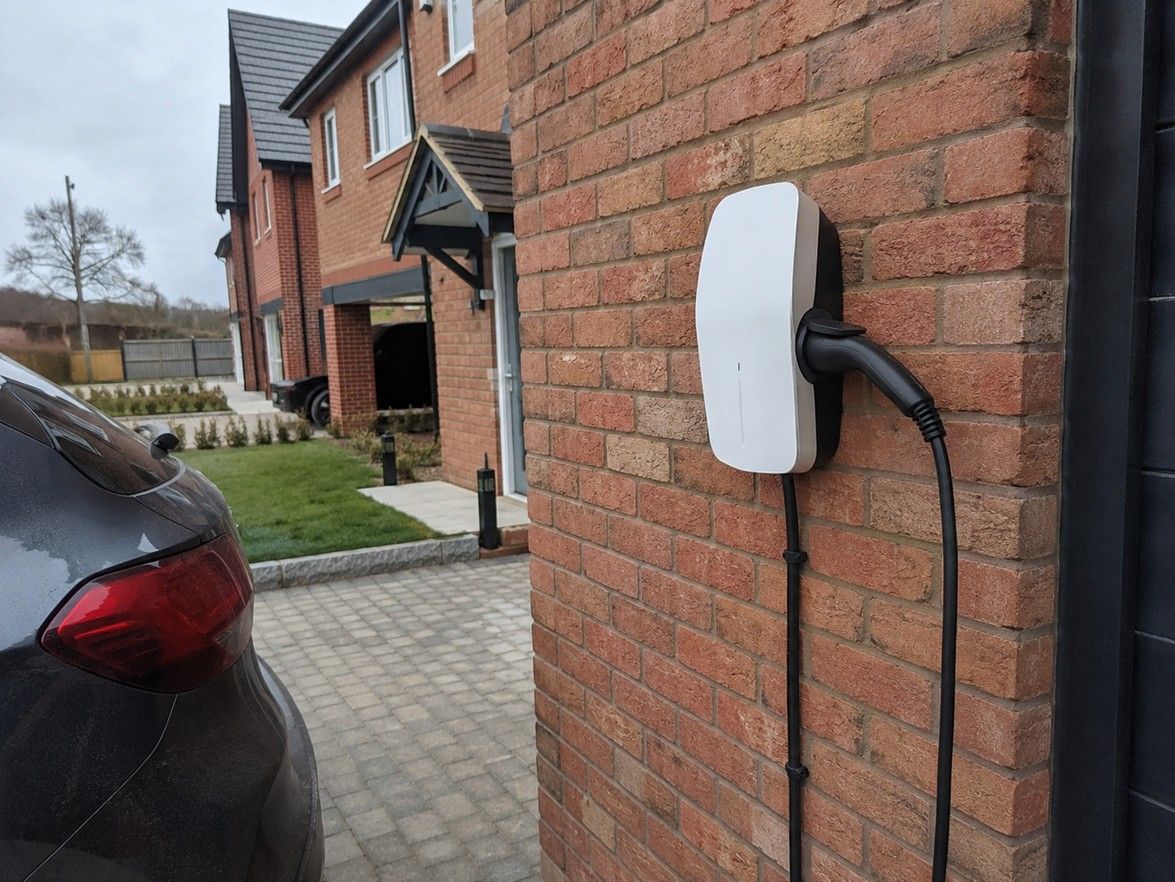 7kW home EV charger installed on the exterior wall of a Swadlincote property by Derbyshire Electrical Specialists