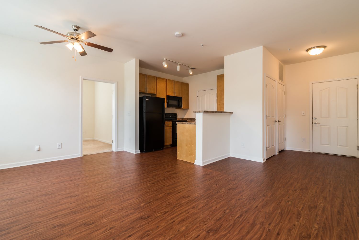 Interior view of an apartment living area with a kitchen and entryway.