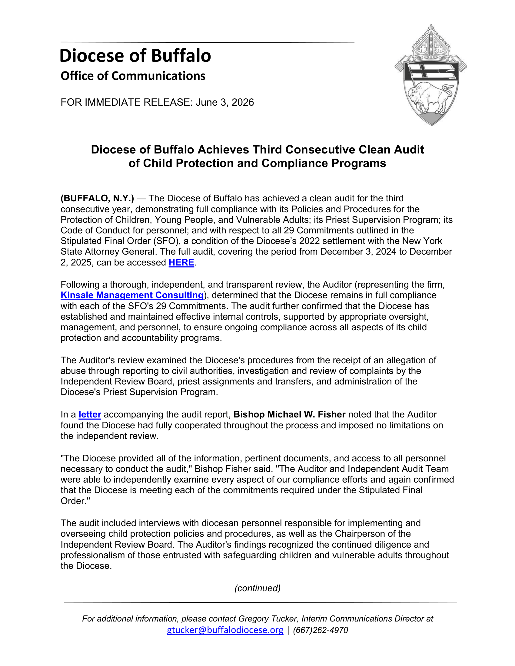 Diocese of Buffalo statement on clean audit of child protection and compliance programs.