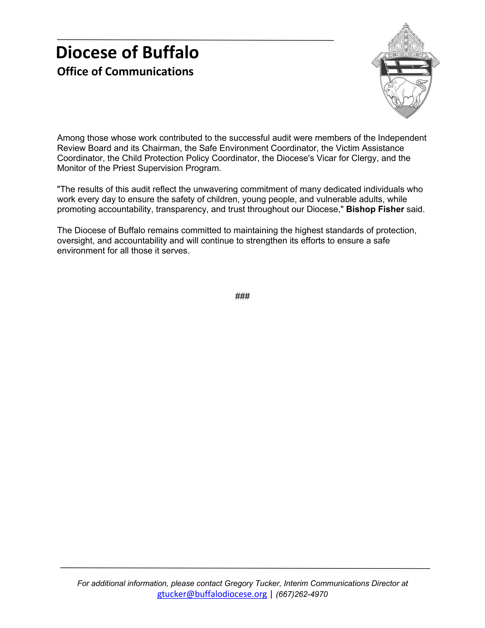 Diocese of Buffalo statement on clean audit of child protection and compliance programs.