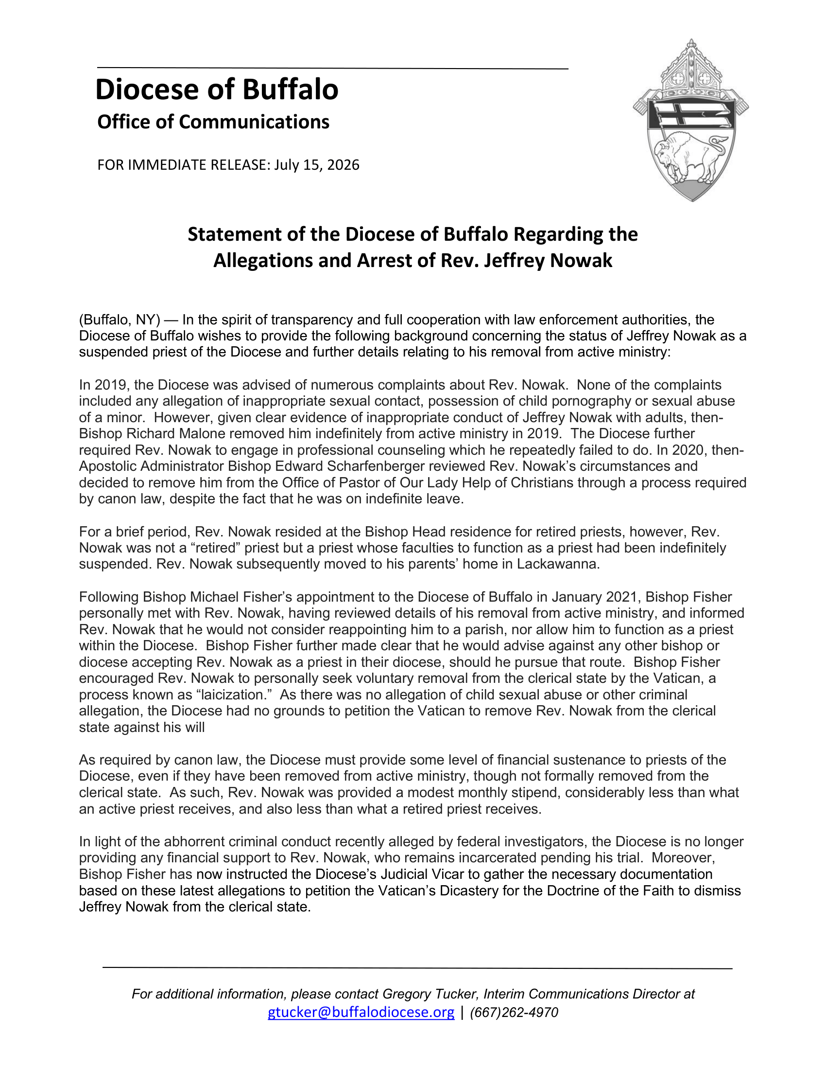 Diocese of Buffalo statement about Fr. Jeff Nowak.