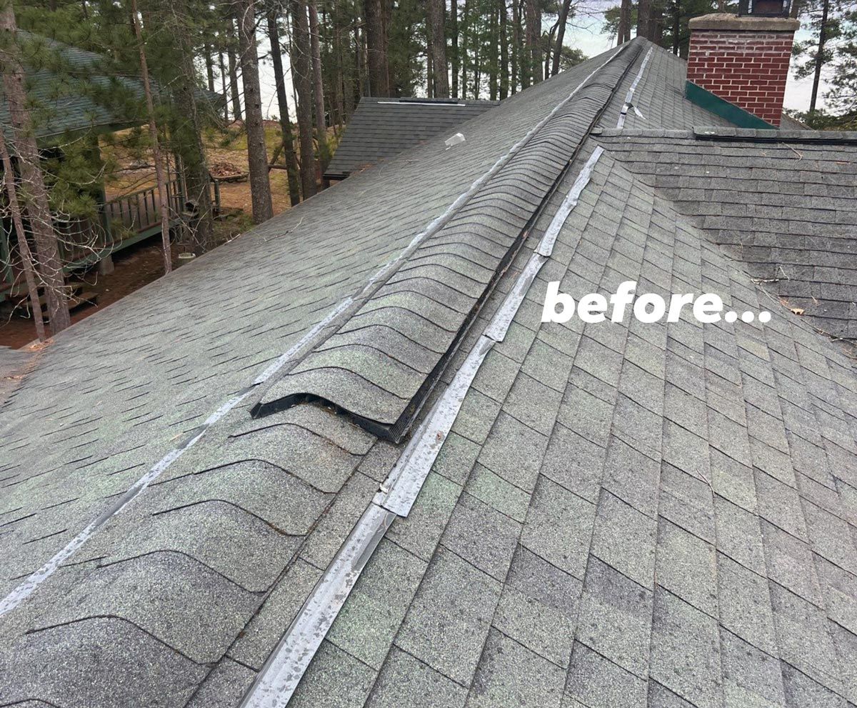 Before and after of a home’s roof replacement, showcasing the transformation from worn-out shingles to a durable metal roof. Trusted roofing contractor serving Gaylord, MI.