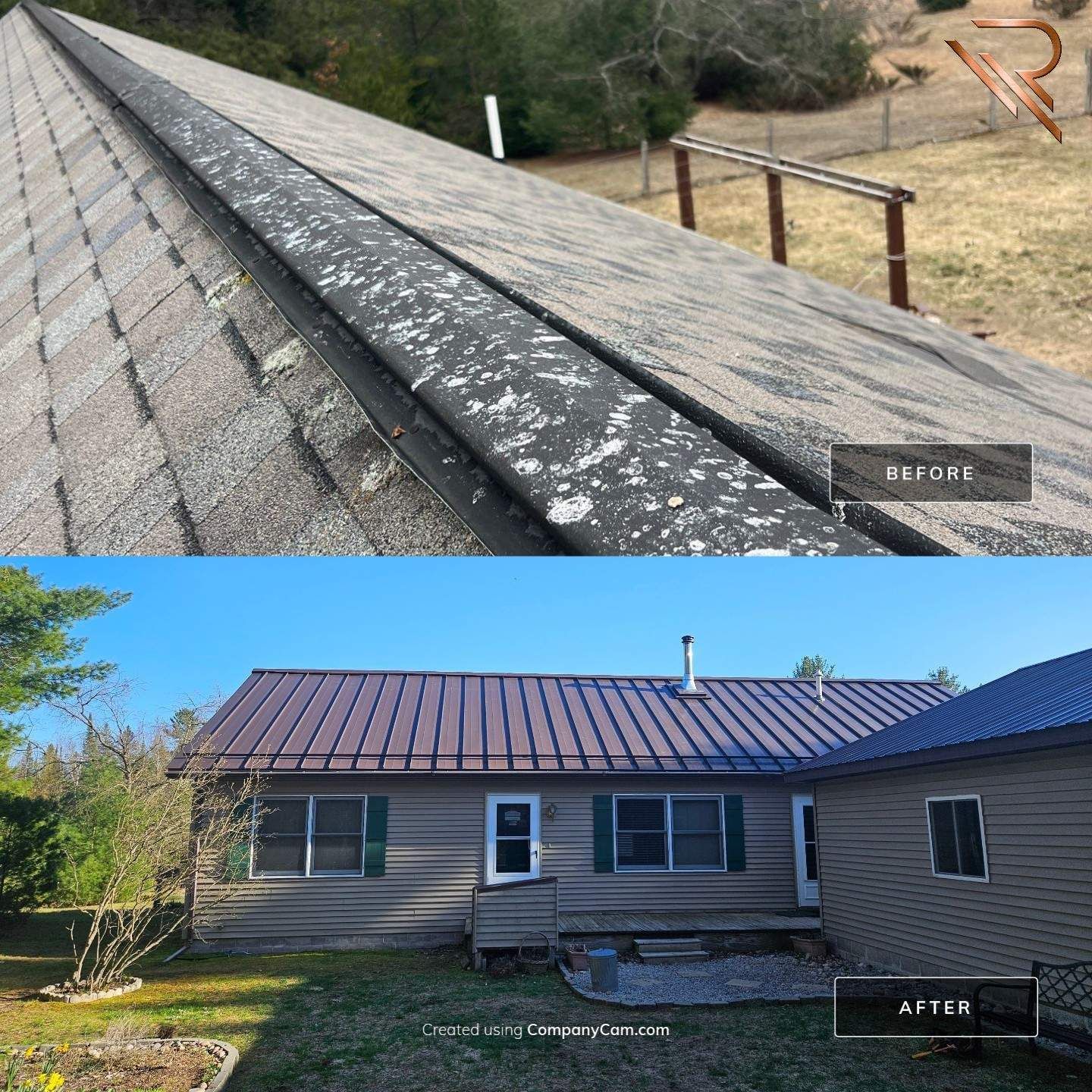 standing seam metal roofing contractor replacing old worn-out shingles on a residential home in charlevoix, mi